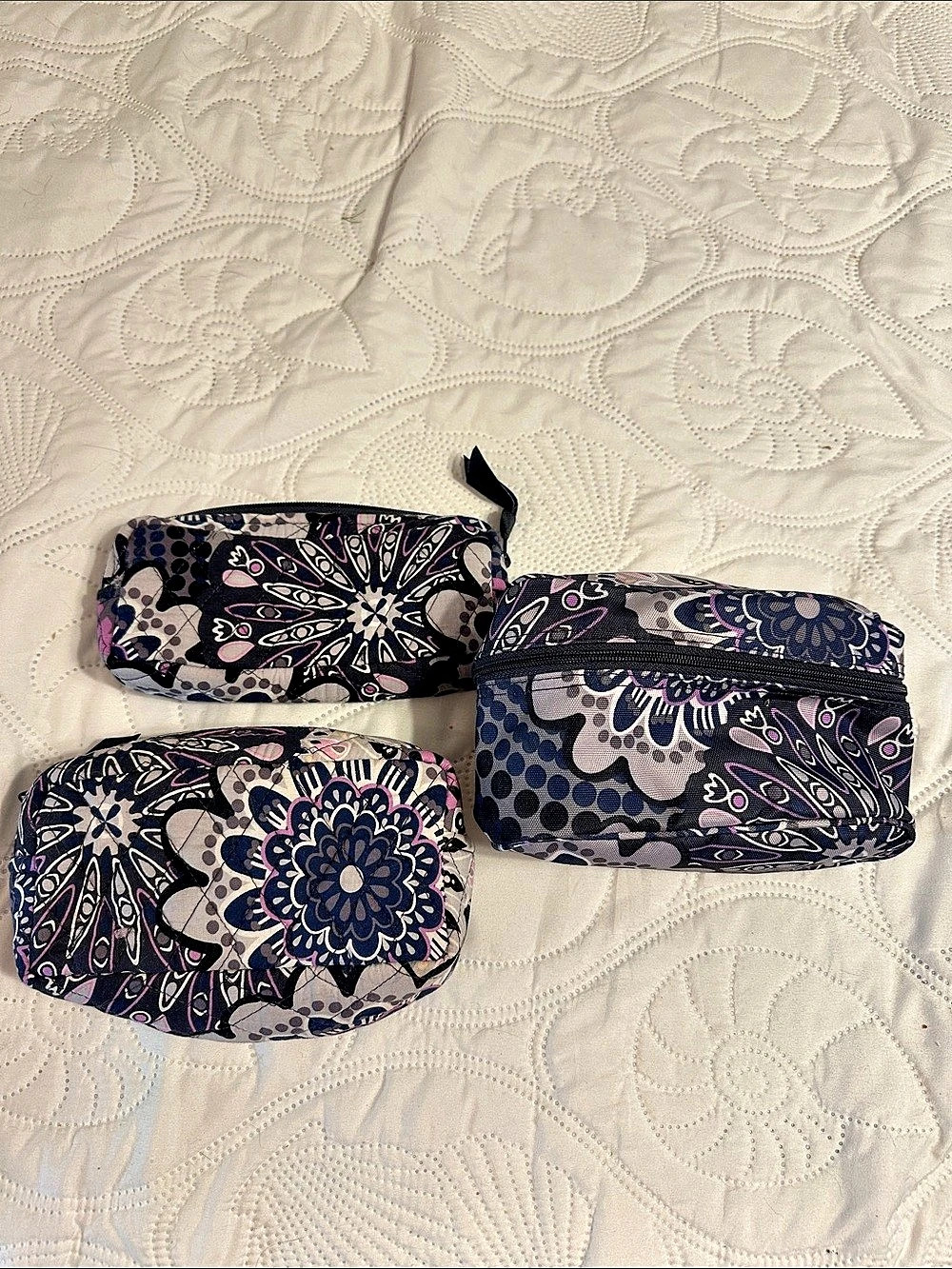 Vera Bradley Quilted Cosmetic Trio / Pouch Set Black & Purple “mimosa” pattern